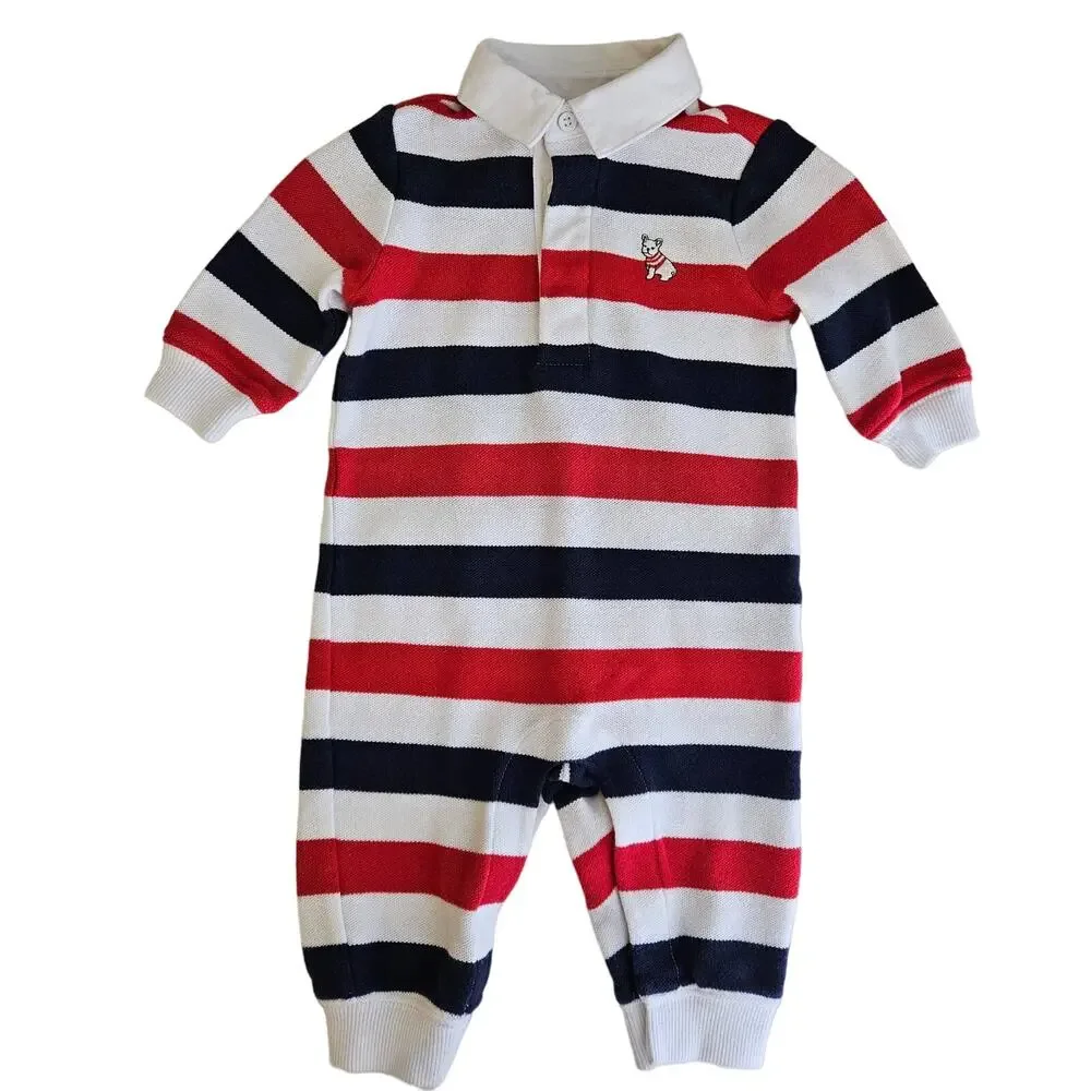 Janie and Jack‎ Polo Rugby Stripe Red Blue Puppy Coverall & Beanie | Baby 0-3 M